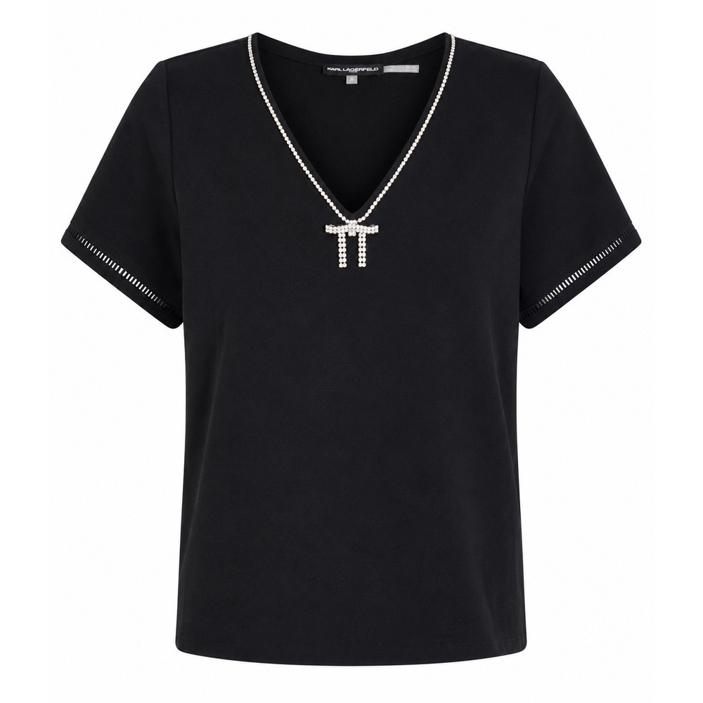 NWT Karl Lagerfeld Paris Black Rhinestone Bow Top Size M MSRP $89 Elegant Tee